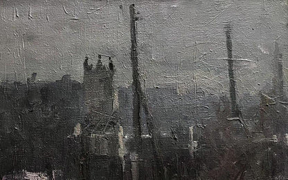Monochrome oil painting by Volodymyr Pashchenko Winter King textured industrial silhouettes misty gray sky