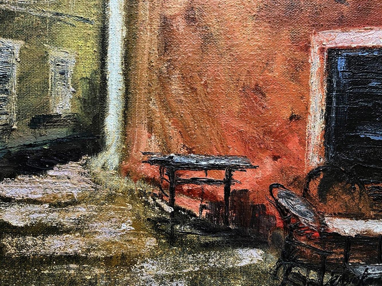 Oil painting Unchanging by Serhiy Kovalev: rustic wooden table against orange wall