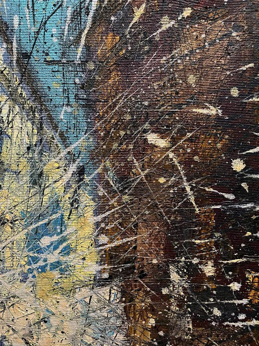 Oil painting Spatial gamet by Serhiy Kovalev with blue, yellow, white splatters on brown base