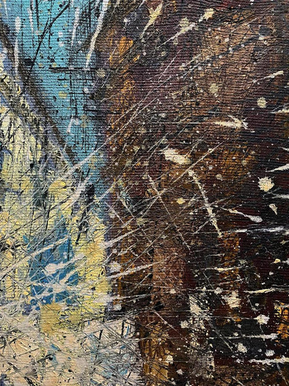 Oil painting Spatial gamet by Serhiy Kovalev with blue, yellow, white splatters on brown base