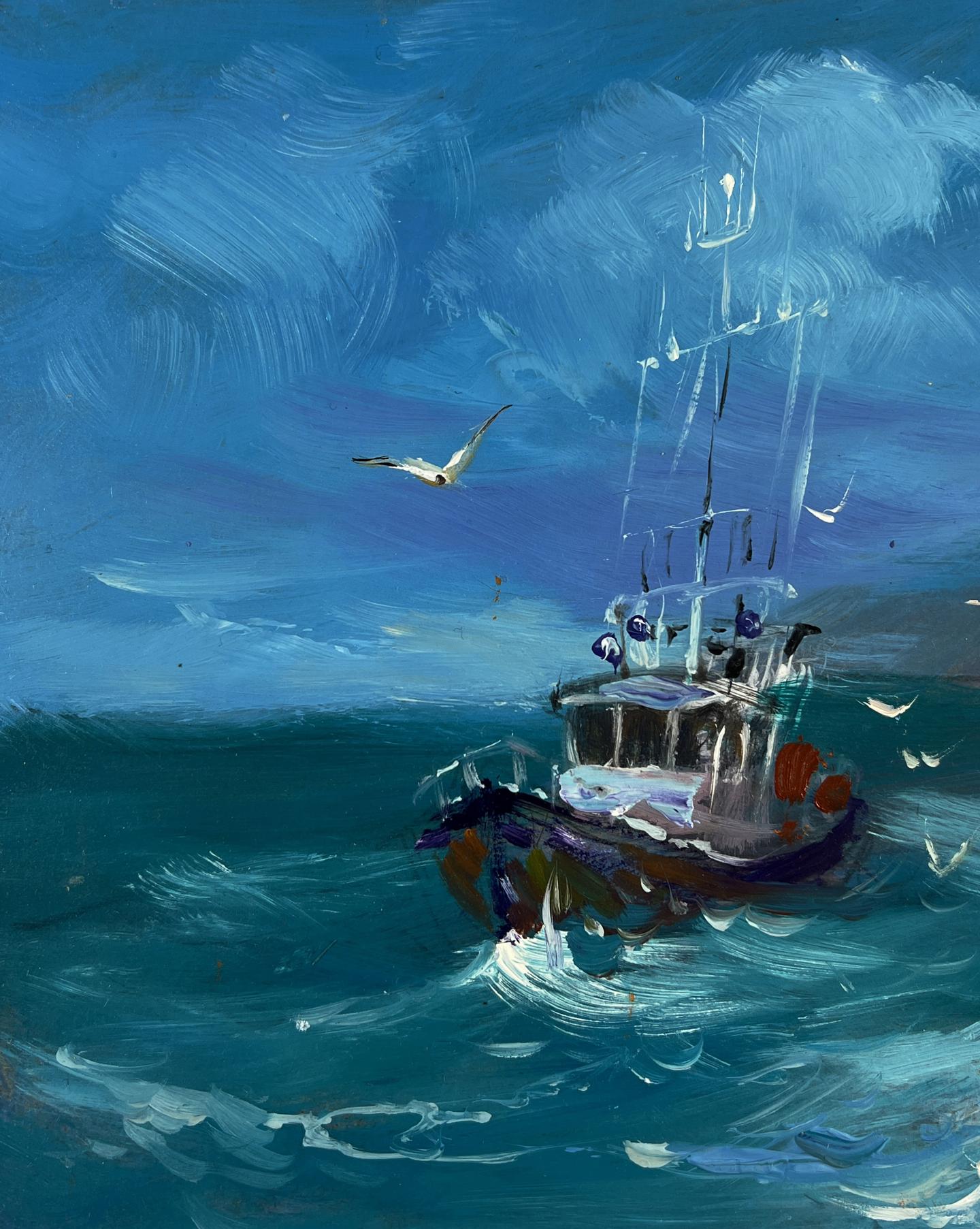 Oil painting of rugged fishing boat on rocky seashore by Yuriy Suprunchuk