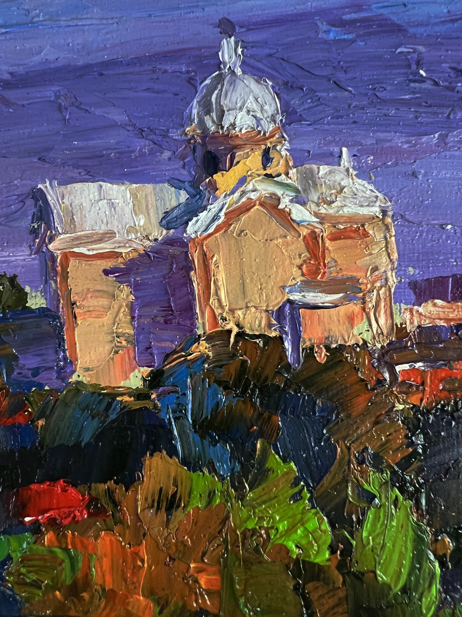 Oil painting The Distant Temple by Boris Serdyuk, domed church in purple sky