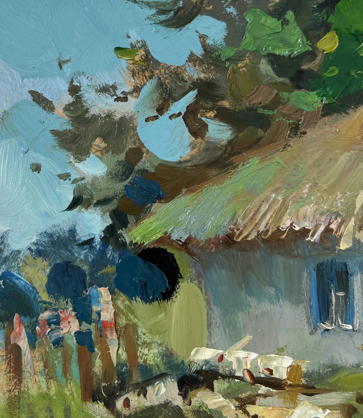Textured impasto oil painting Thoughts on the Bench by Yuriy Suprunchuk rustic cottage