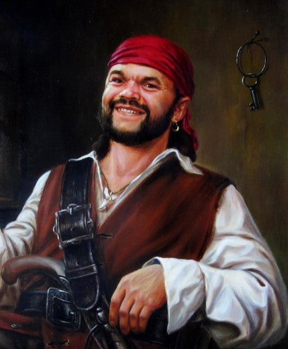 Smiling pirate oil painting by Valeriy Bulat with red bandana