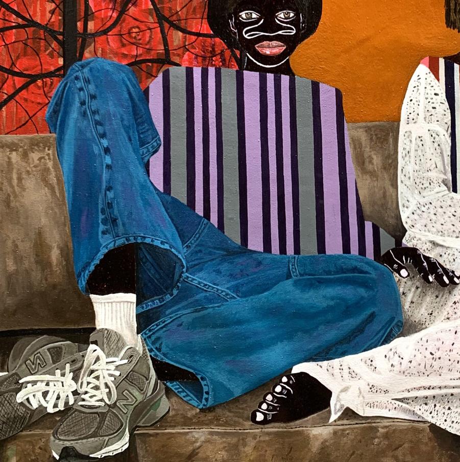 Acrylic painting Lazy Afternoon Akintomide Akinshola blue denim jeans faded wash stitching