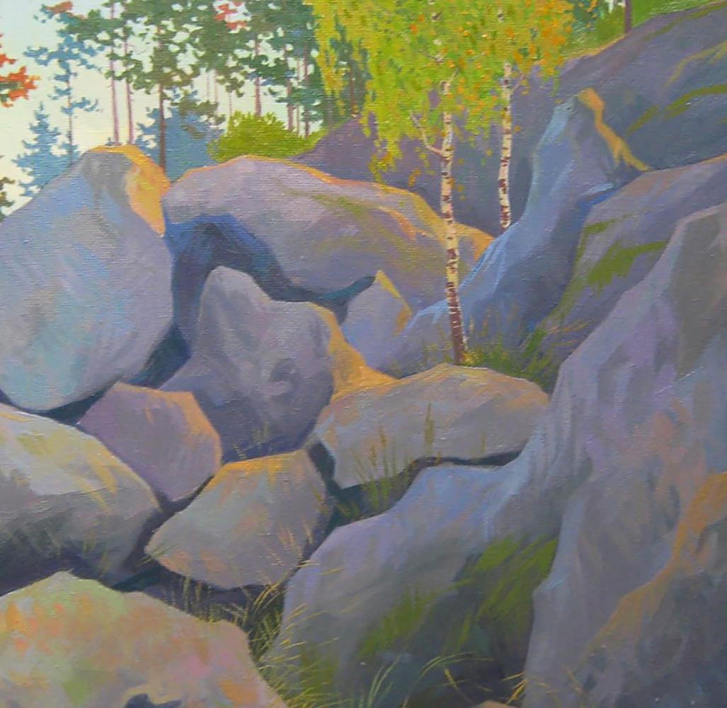 Oil painting Among the Stones by Valery Savenets: forest with gray rocks and green trees