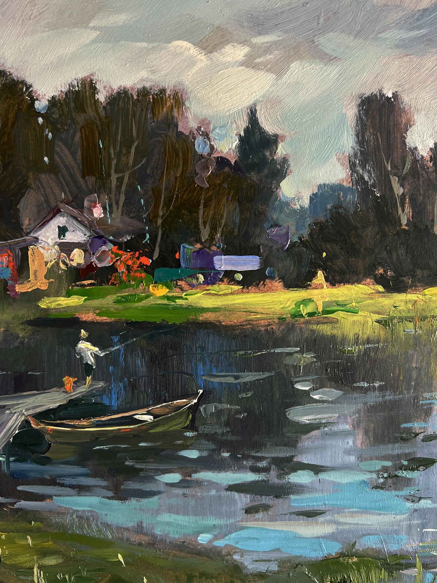 Oil painting of wooden rowboat with dark green hull on rural grey river by Yuriy Suprunchuk