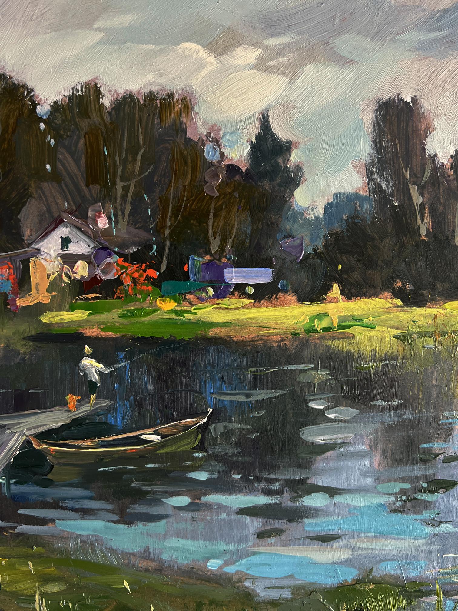 Oil painting of wooden rowboat with dark green hull on rural grey river by Yuriy Suprunchuk