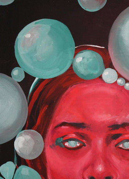 Vibrant red oil portrait of Enforced Silence by Victoria Kagalovska with teal bubbles