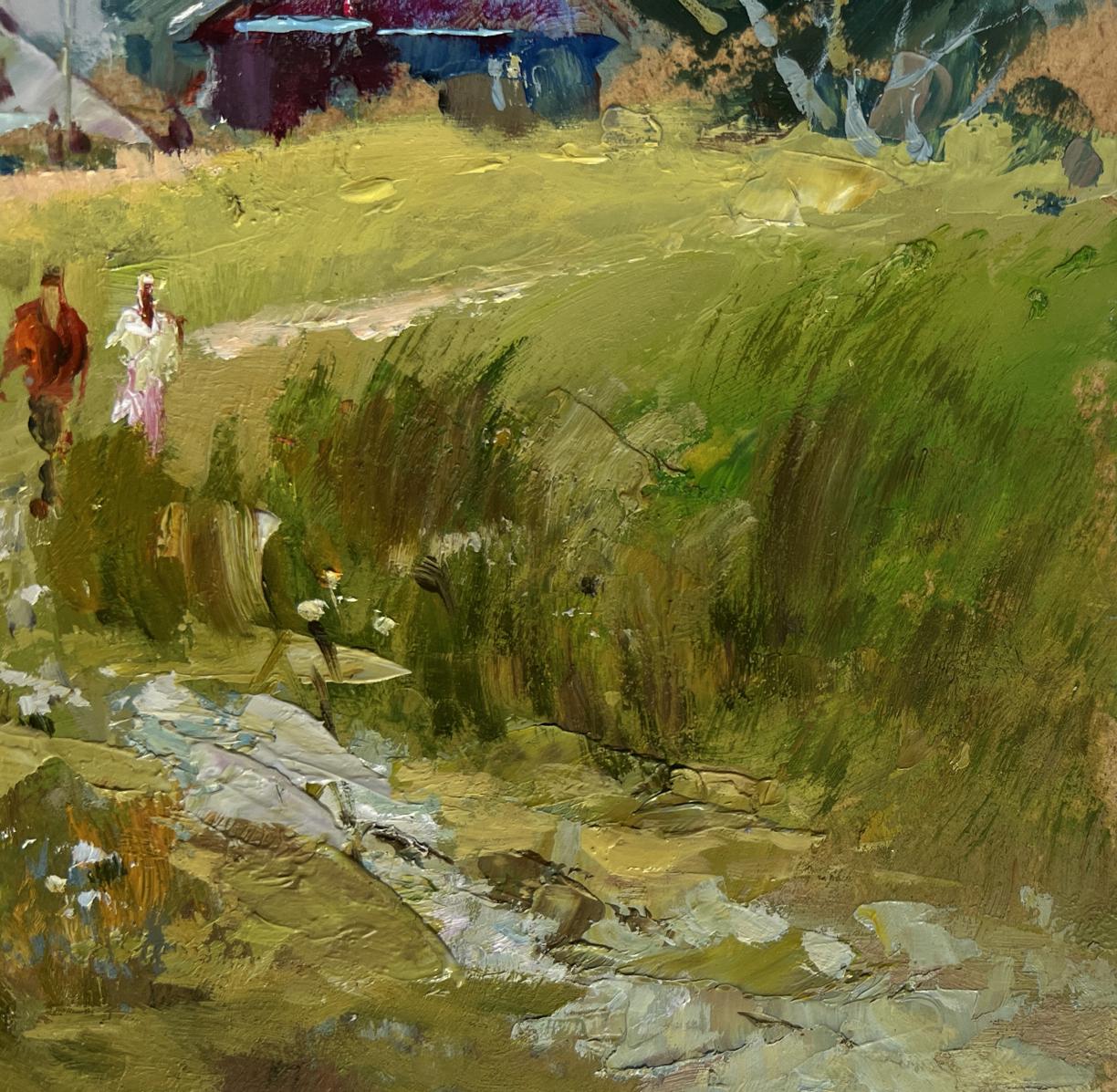 Vibrant impressionistic oil painting by Yuriy Suprunchuk of couple in lush green fields