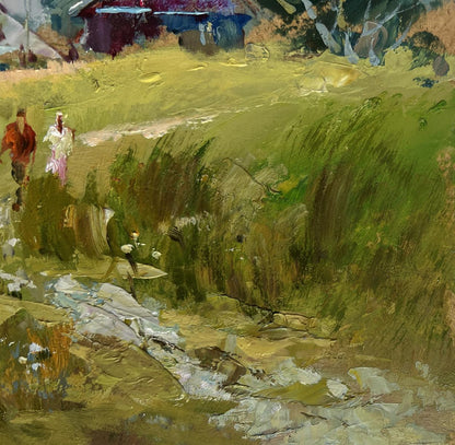 Vibrant impressionistic oil painting by Yuriy Suprunchuk of couple in lush green fields