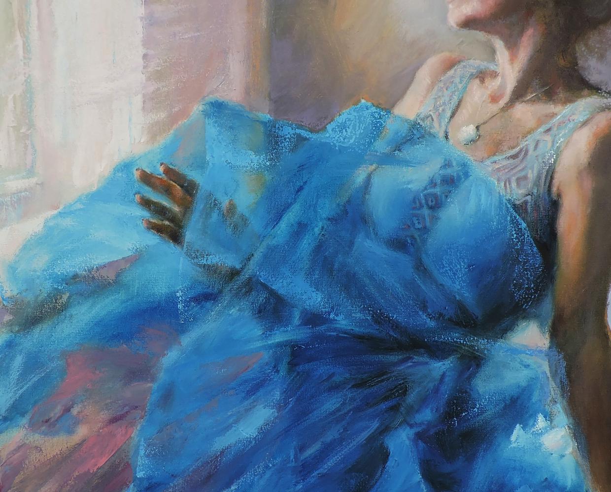 Oil painting of girl in vibrant blue lace gown by Oksana Osnach