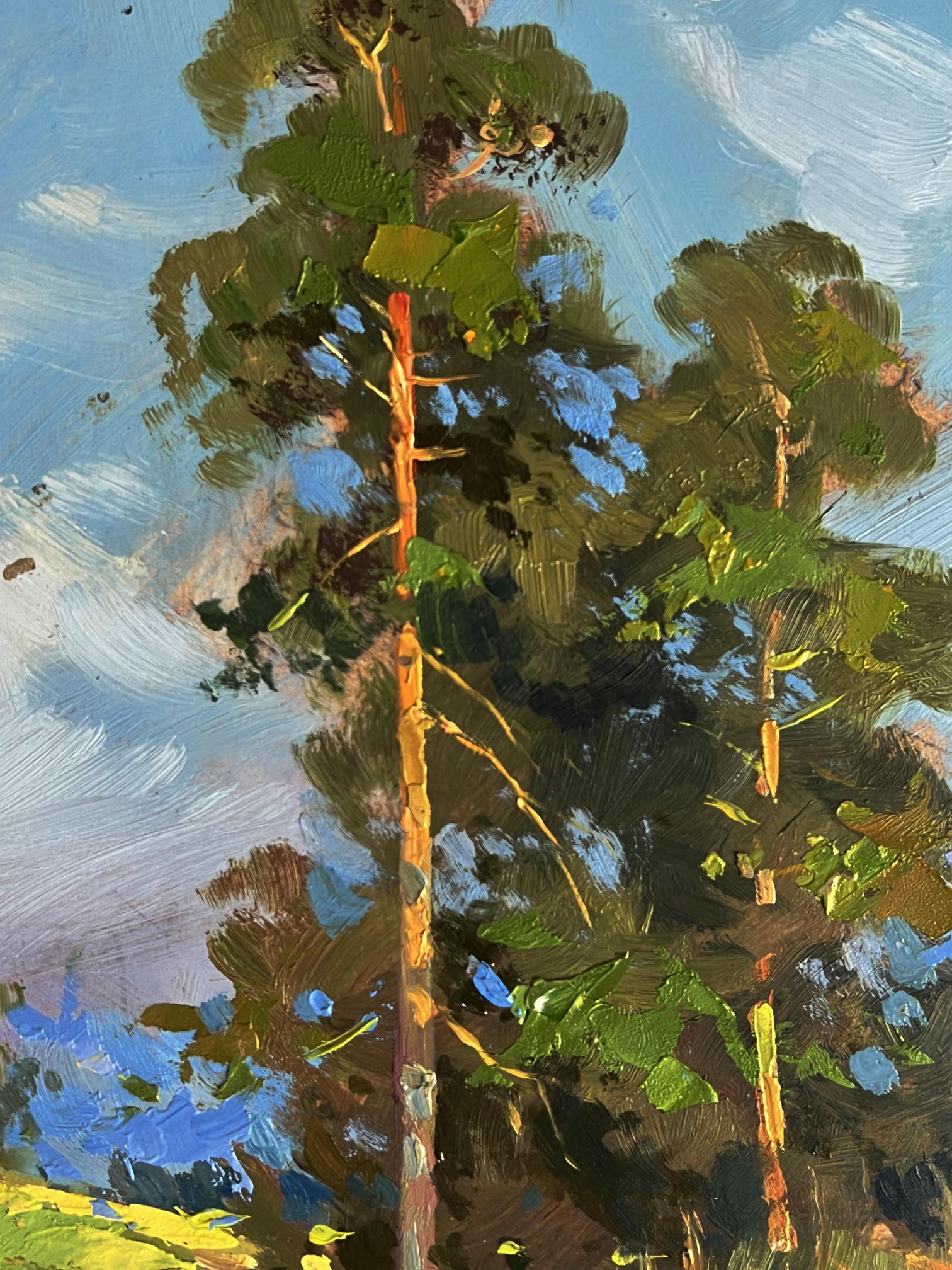 Oil painting of tall pine tree by Yuriy Suprunchuk with cows in nature