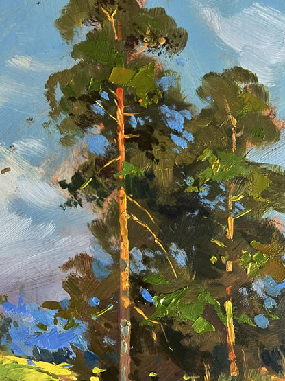 Oil painting of tall pine tree by Yuriy Suprunchuk with cows in nature
