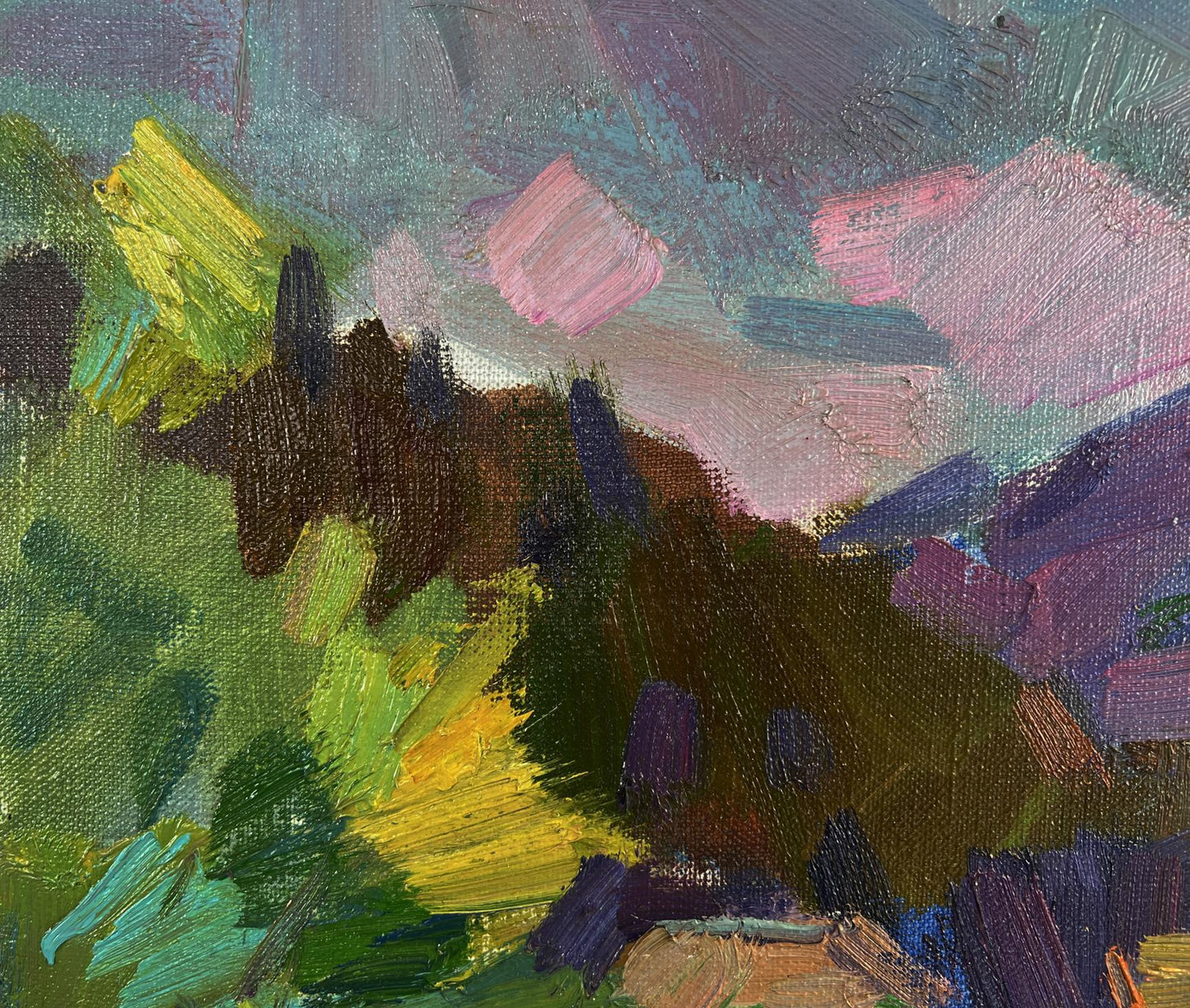 Oil painting of mountains above village by Vyacheslav Pereta