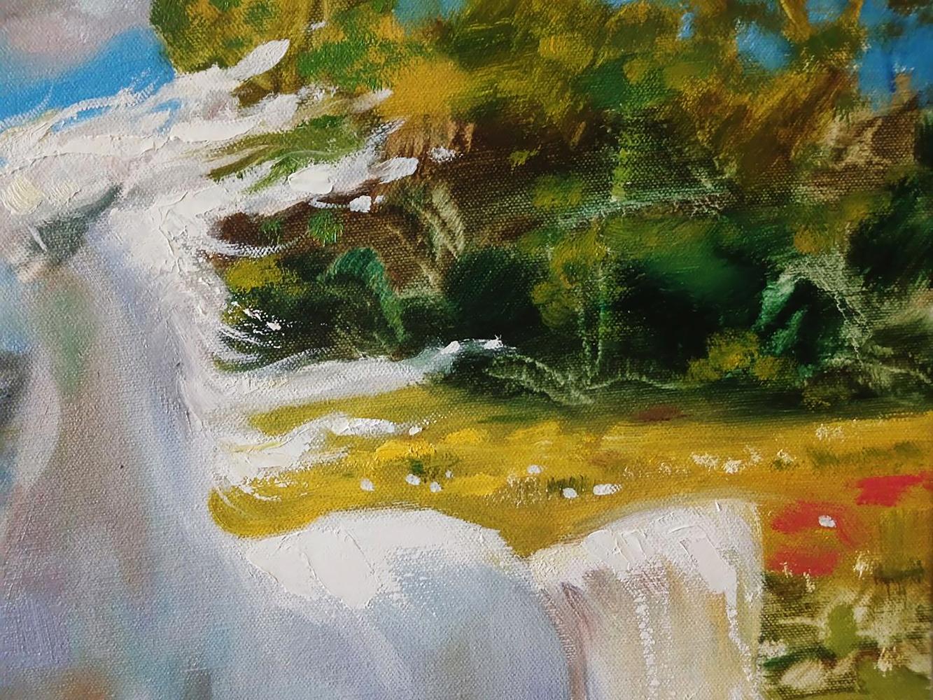 Oil painting by Anatoly Tarabanov: white horse galloping in vibrant landscape