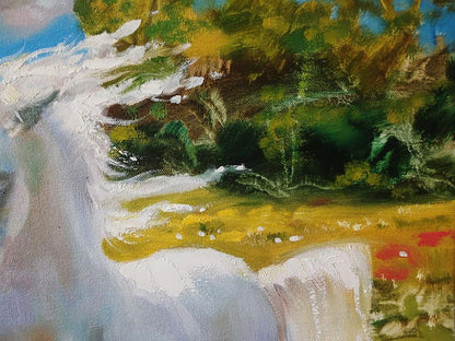 Oil painting by Anatoly Tarabanov: white horse galloping in vibrant landscape