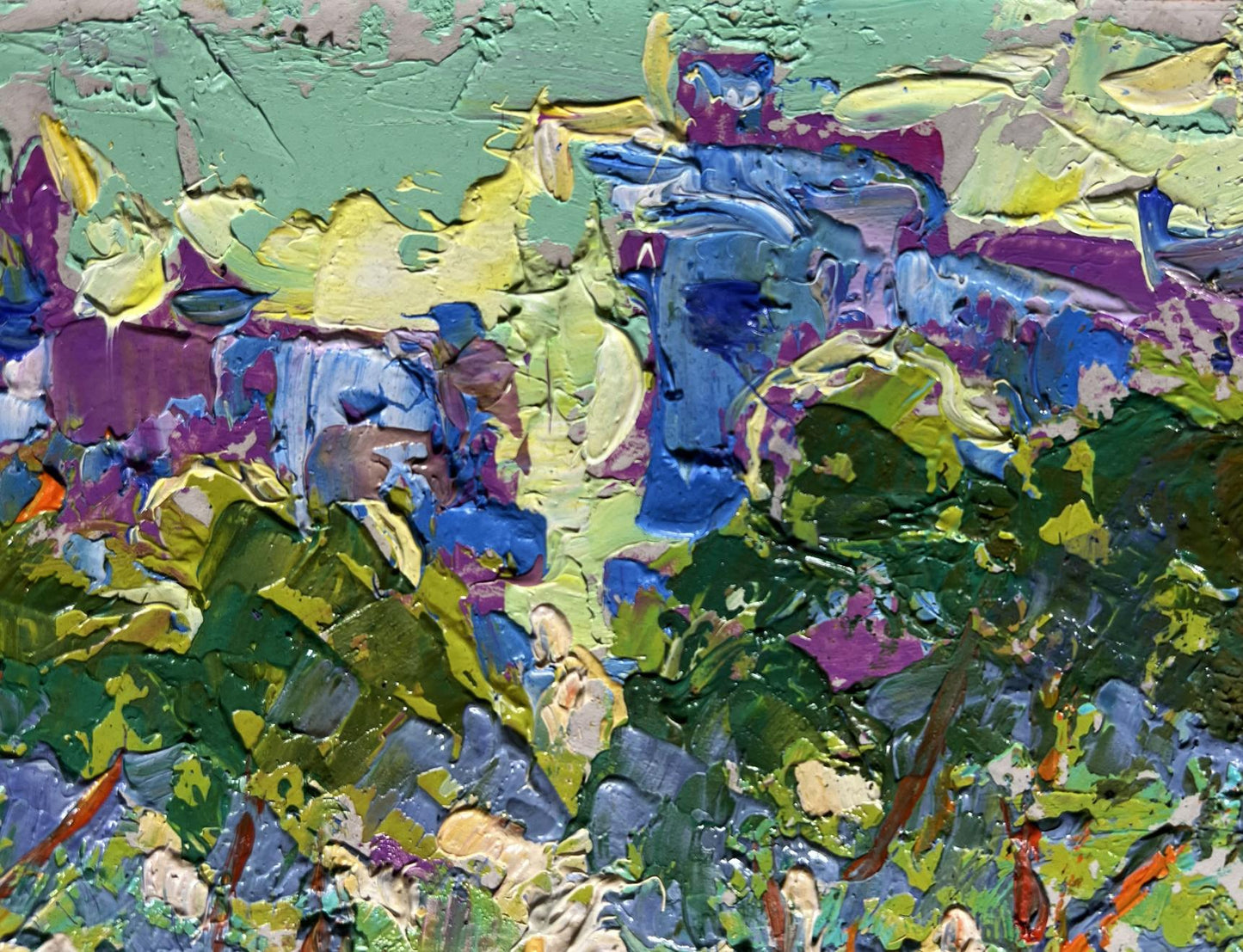 Oil painting Morning city life by Oleksiy Ivanyuk, vibrant green blue abstract
