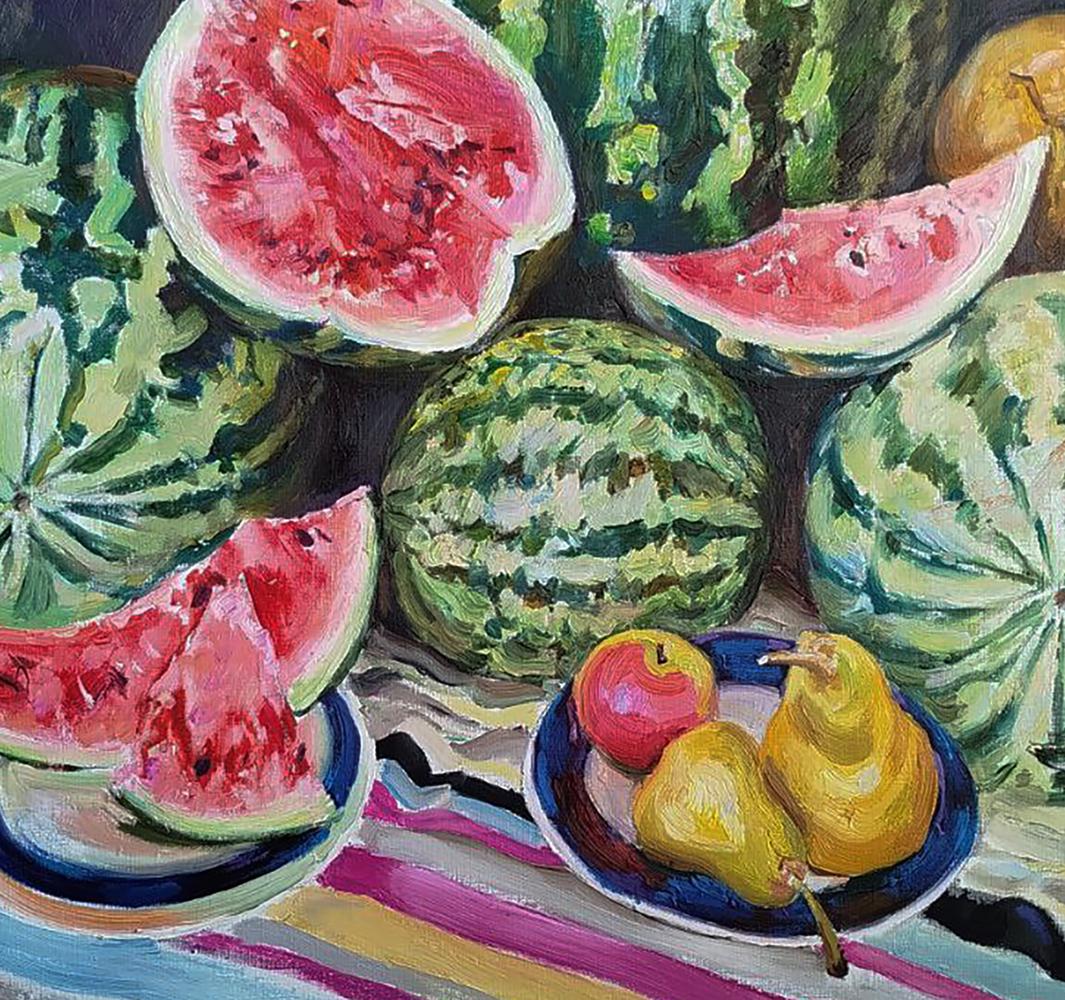 Oil painting of watermelons and pears by Leonid Pavlenko