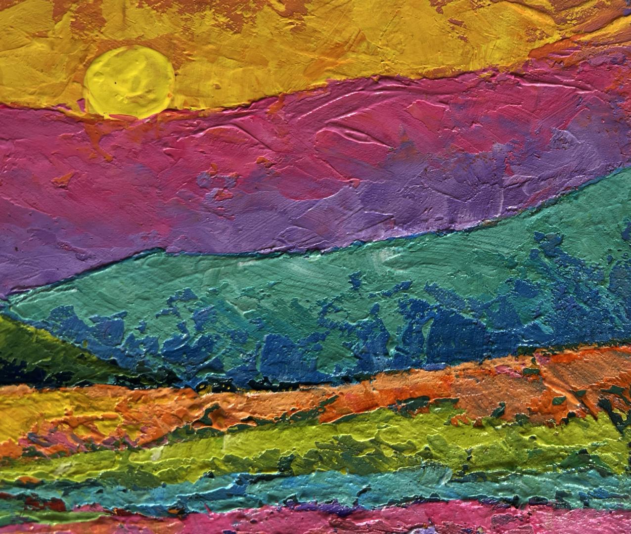 Vibrant oil painting The sun in the embrace of the mountain by V. Zadorozhnya