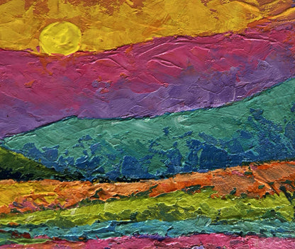 Vibrant oil painting The sun in the embrace of the mountain by V. Zadorozhnya
