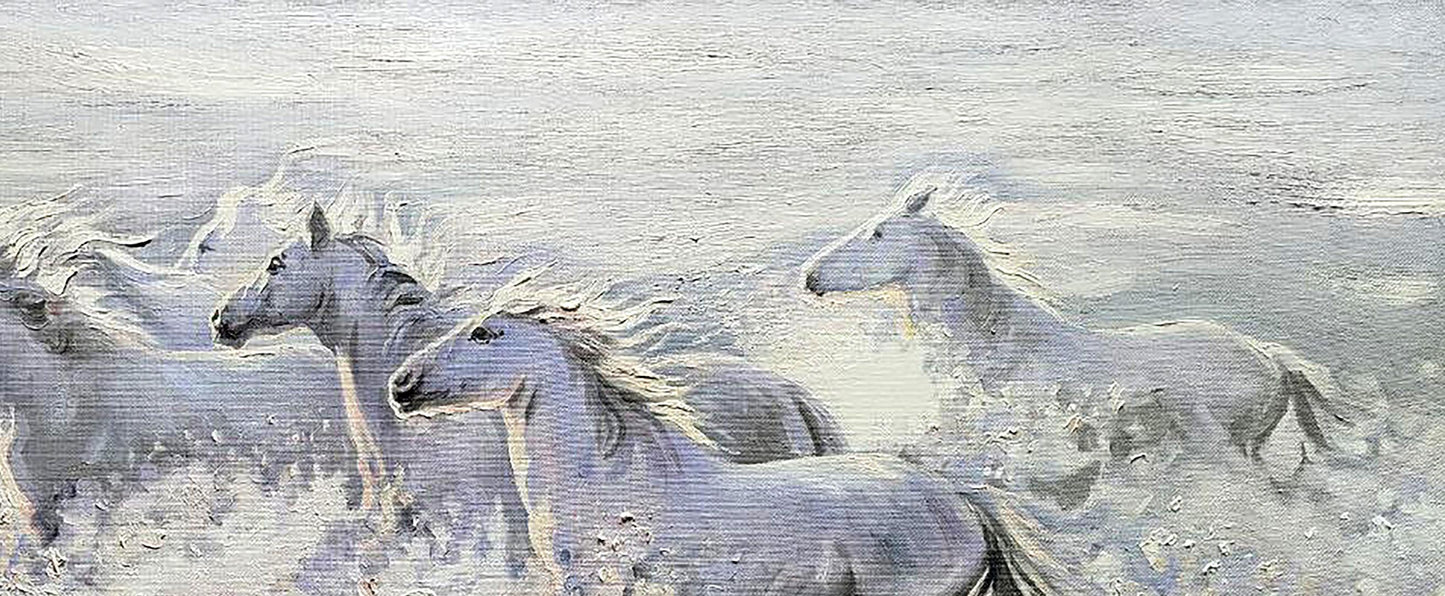 Oil painting Morning Jogging by Leonid Pavlenko: white horses galloping in snow