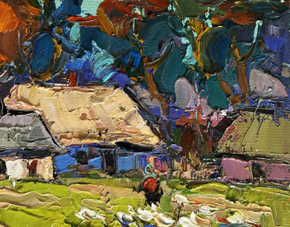 Vibrant impressionist oil painting of warm rural street cottage by Oksana Ivanyuk