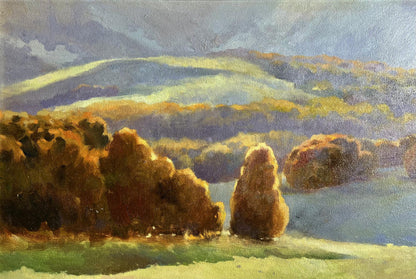 Oil painting Autumn mountains by Tatyana Derdey, golden purple hills