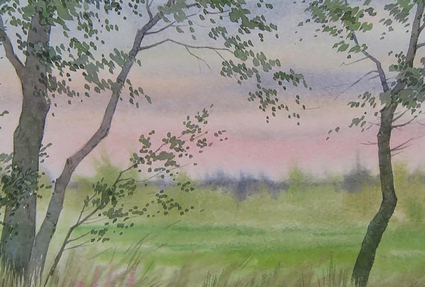 Soft watercolor painting of pink sunset in field by Valery Savenets