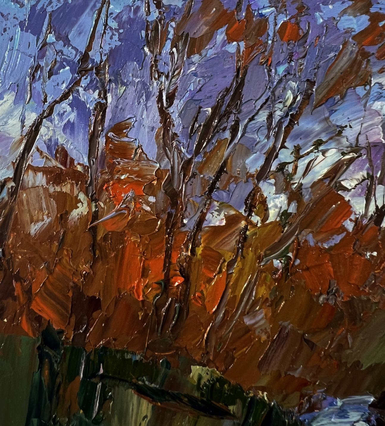 Impressionistic oil painting by Boris Serdyuk of autumn trees under purple sky