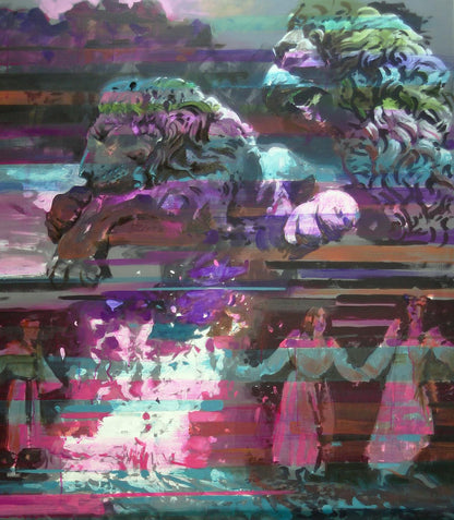 Two roaring lion statues oil painting Rite Ed Potapenkov glitch art