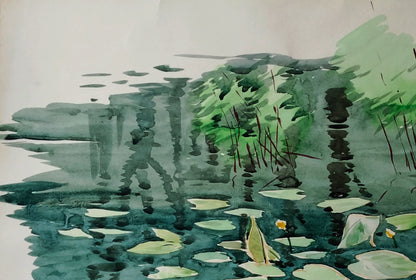 Serene watercolor pond with lily pads, reeds, Mirror of sky and secrets by Vitaly Duhnevich