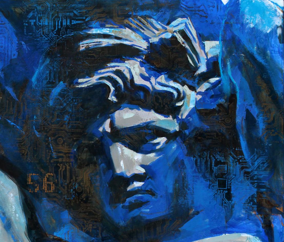 Oil painting Atlant Ed Potapenkov: blue white abstract statue head on circuit board background