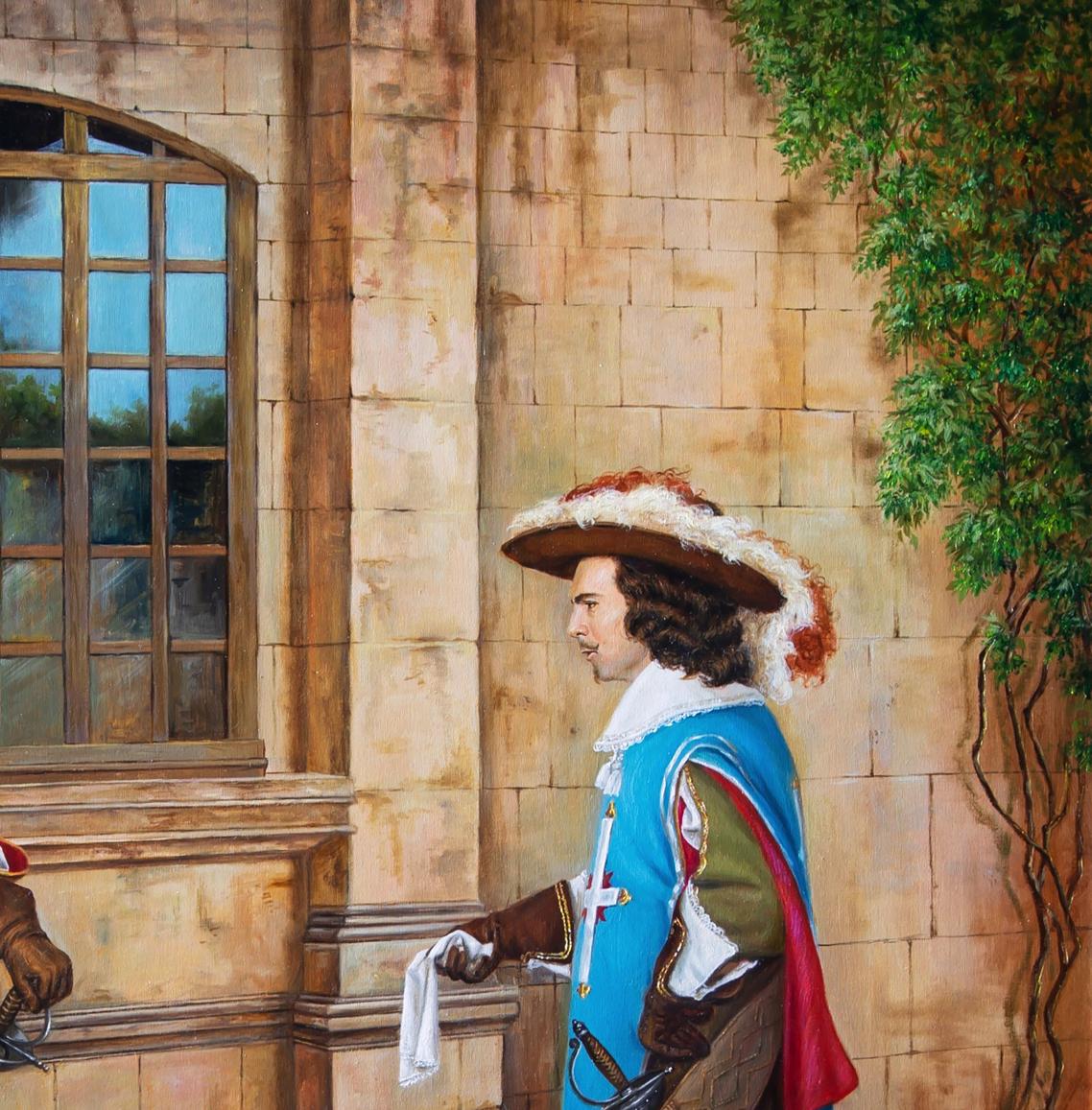 Oil painting of man in blue-green costume by stone building, Valeriy Bulat