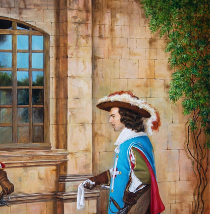 Oil painting of man in blue-green costume by stone building, Valeriy Bulat