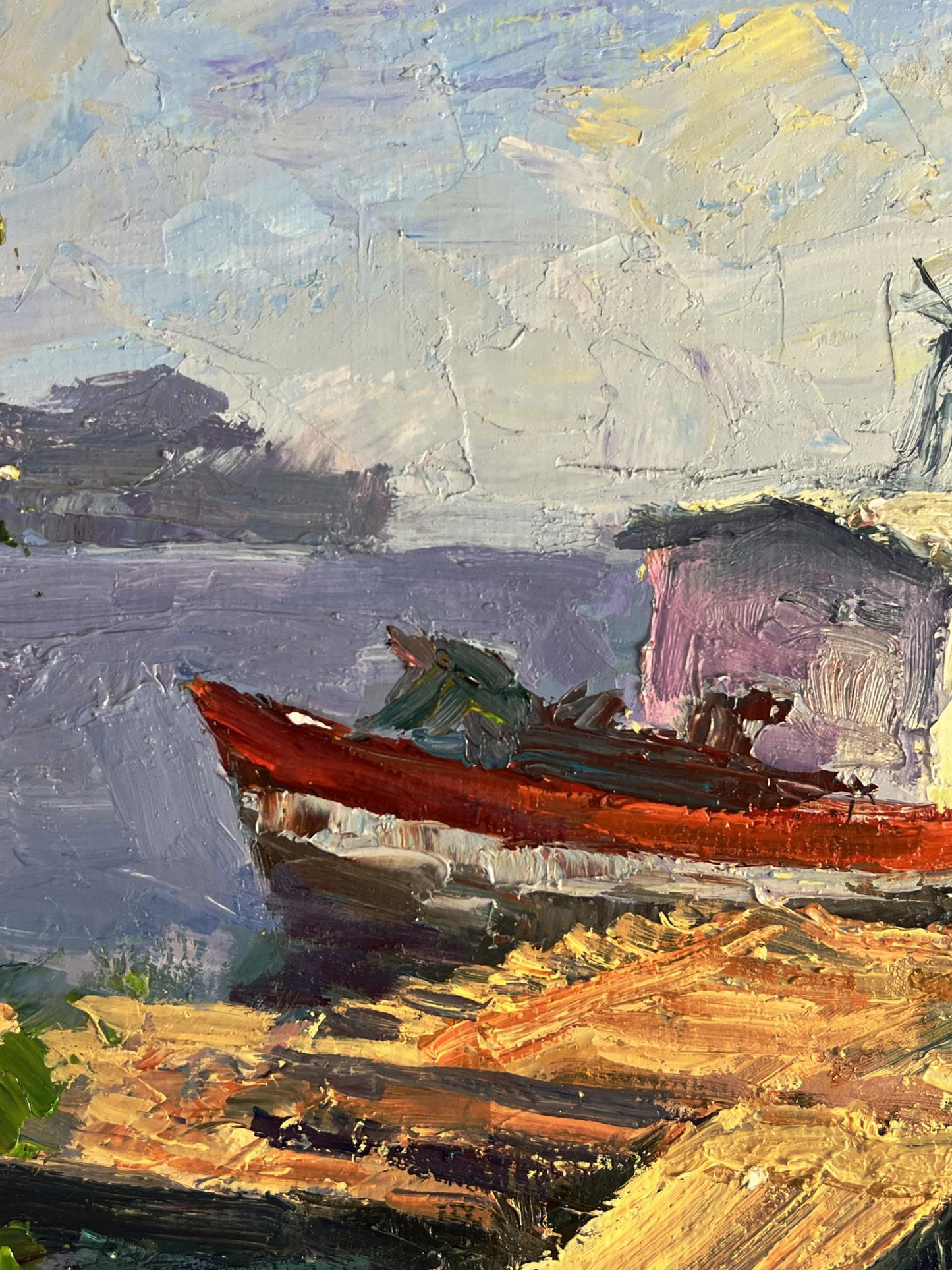 Oil painting Departure by river ferry by Boris Serdyuk: red boat with green sail