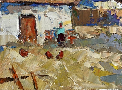 Oil painting Warmth in the Yard by Oksana Ivanyuk with impasto brushstrokes