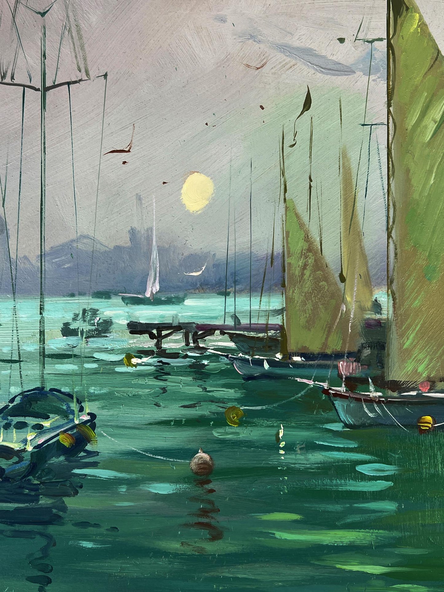 Serene impressionist oil painting of ships at pier by Yuriy Suprunchuk