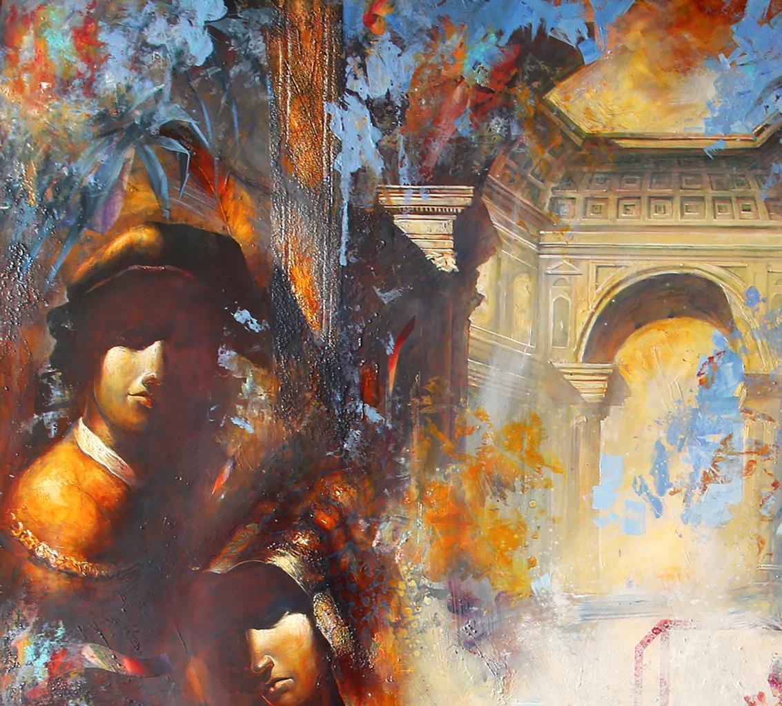 Oil painting Two by Alexander Dobrodiy in classic interior, vibrant orange tones