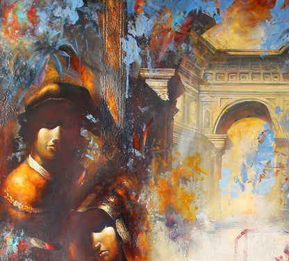 Oil painting Two by Alexander Dobrodiy in classic interior, vibrant orange tones