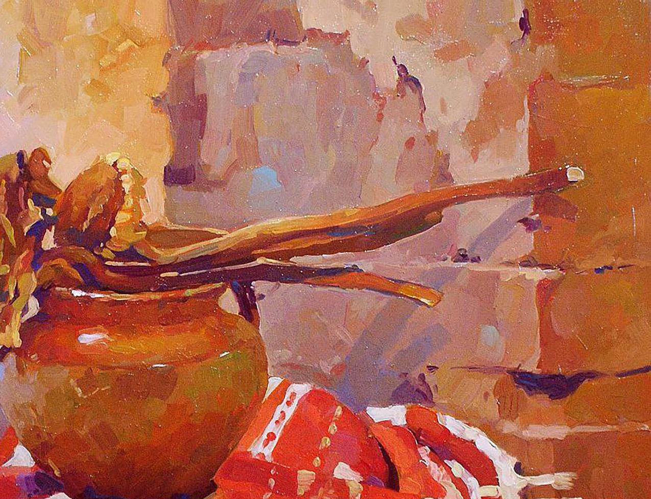 Oil painting of rustic terracotta pot with orange glaze and spoons by Anastasia Yaroshevich