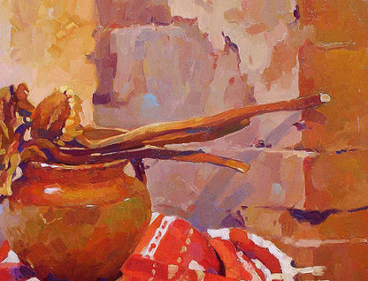 Oil painting of rustic terracotta pot with orange glaze and spoons by Anastasia Yaroshevich