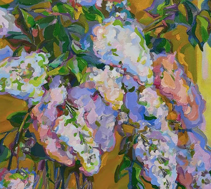 Vibrant oil painting of lilac bouquet by Leonid Pavlenko with pink blossoms