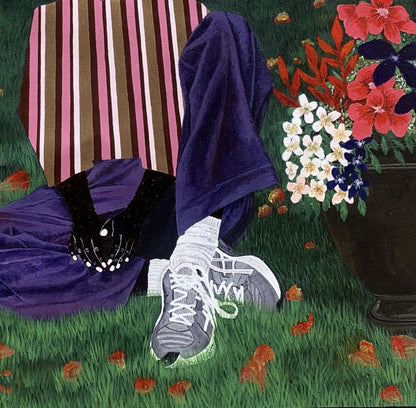 Gray and white Asics running shoe with green accents on grass, Held by the night painting