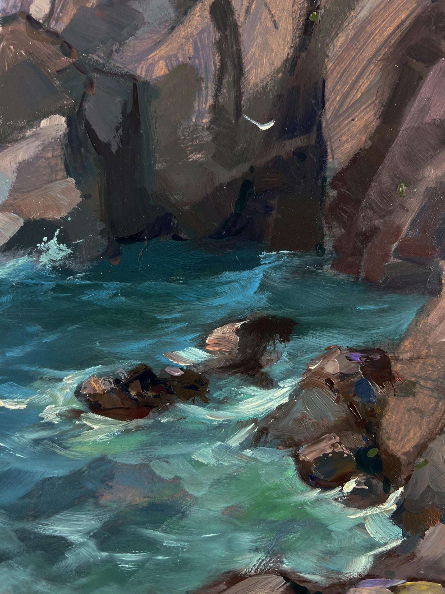 Oil painting of turquoise waves crashing on rugged rocks by Yuriy Suprunchuk
