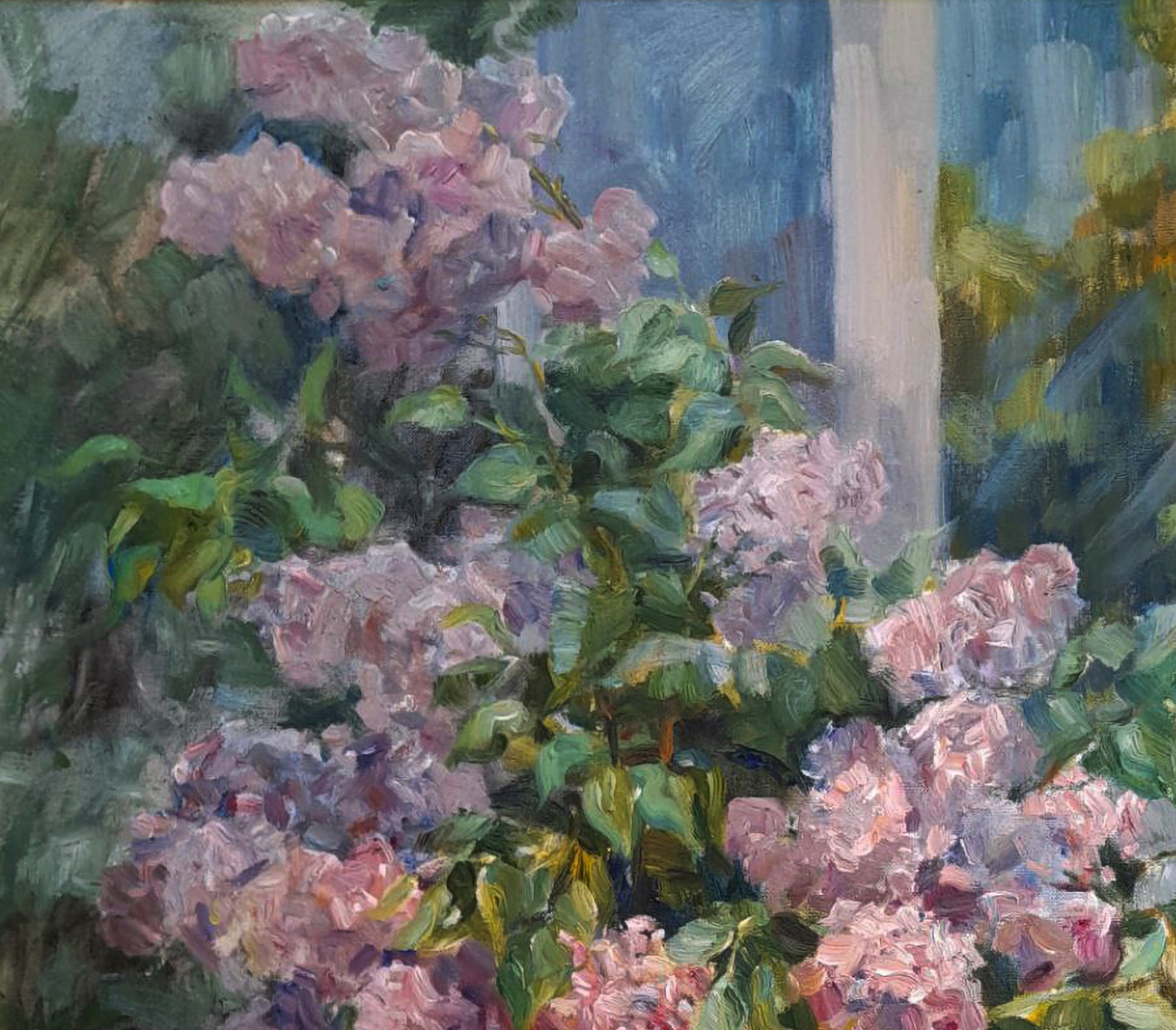 Impressionistic oil painting of pink lavender lilacs by Ivan Kovalenko