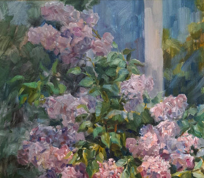 Impressionistic oil painting of pink lavender lilacs by Ivan Kovalenko