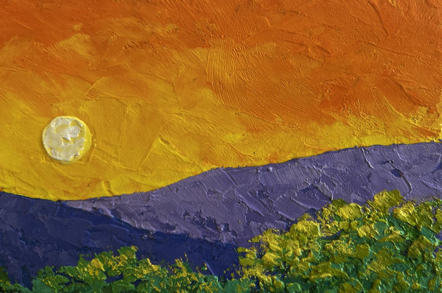 Textured impressionistic oil painting Warm evening wind V. Zadorozhnya sunset over purple mountains
