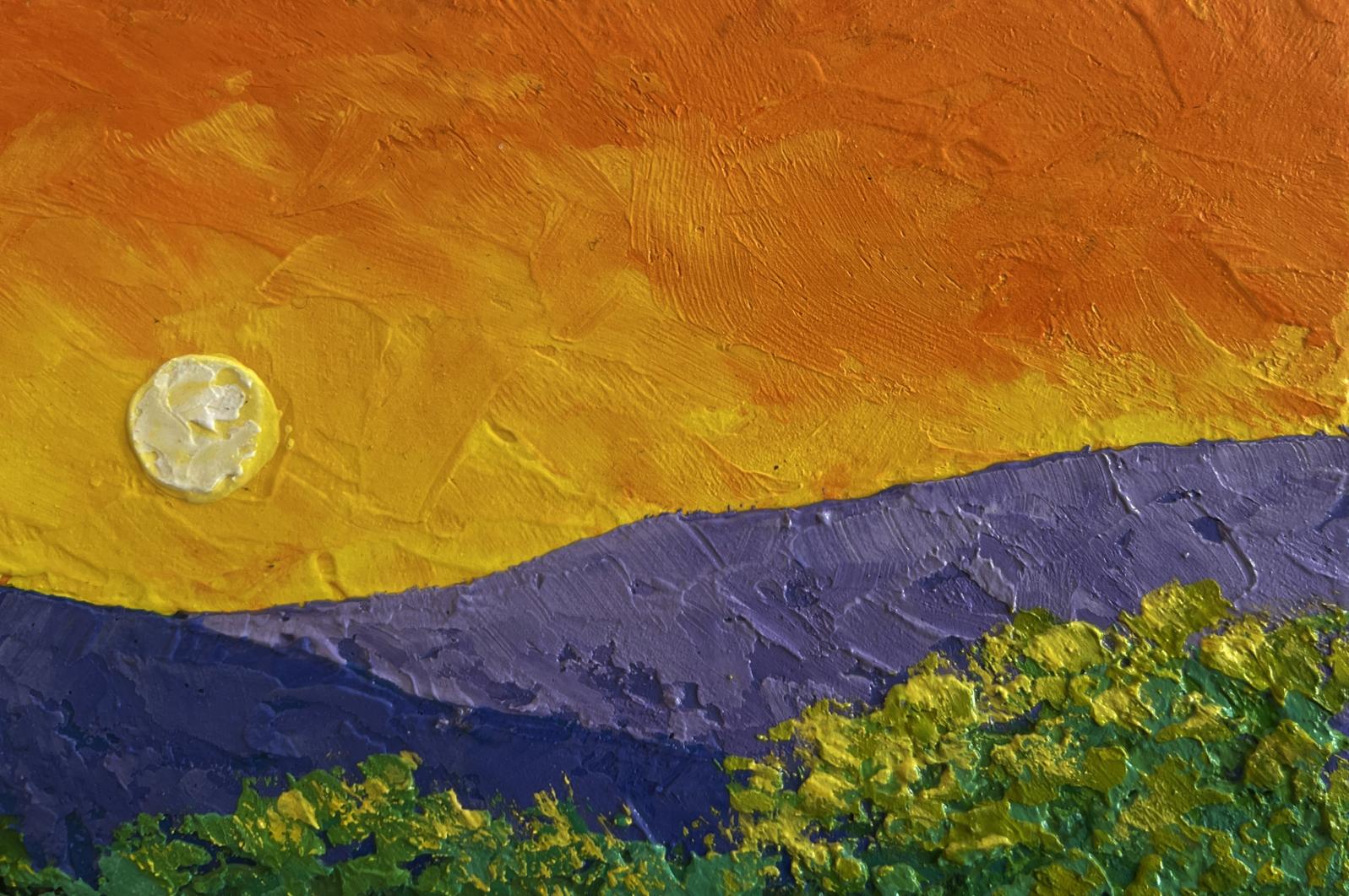Textured impressionistic oil painting Warm evening wind V. Zadorozhnya sunset over purple mountains