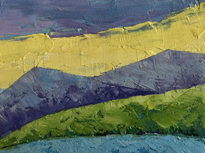Vibrant oil painting Walking in the mountains by V. Zadorozhnya with textured yellow, purple, green layers